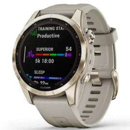 Zegarek Garmin Fenix 7S Sapphire Solar kremowozłoty smartwatch z piaskowy paskiem